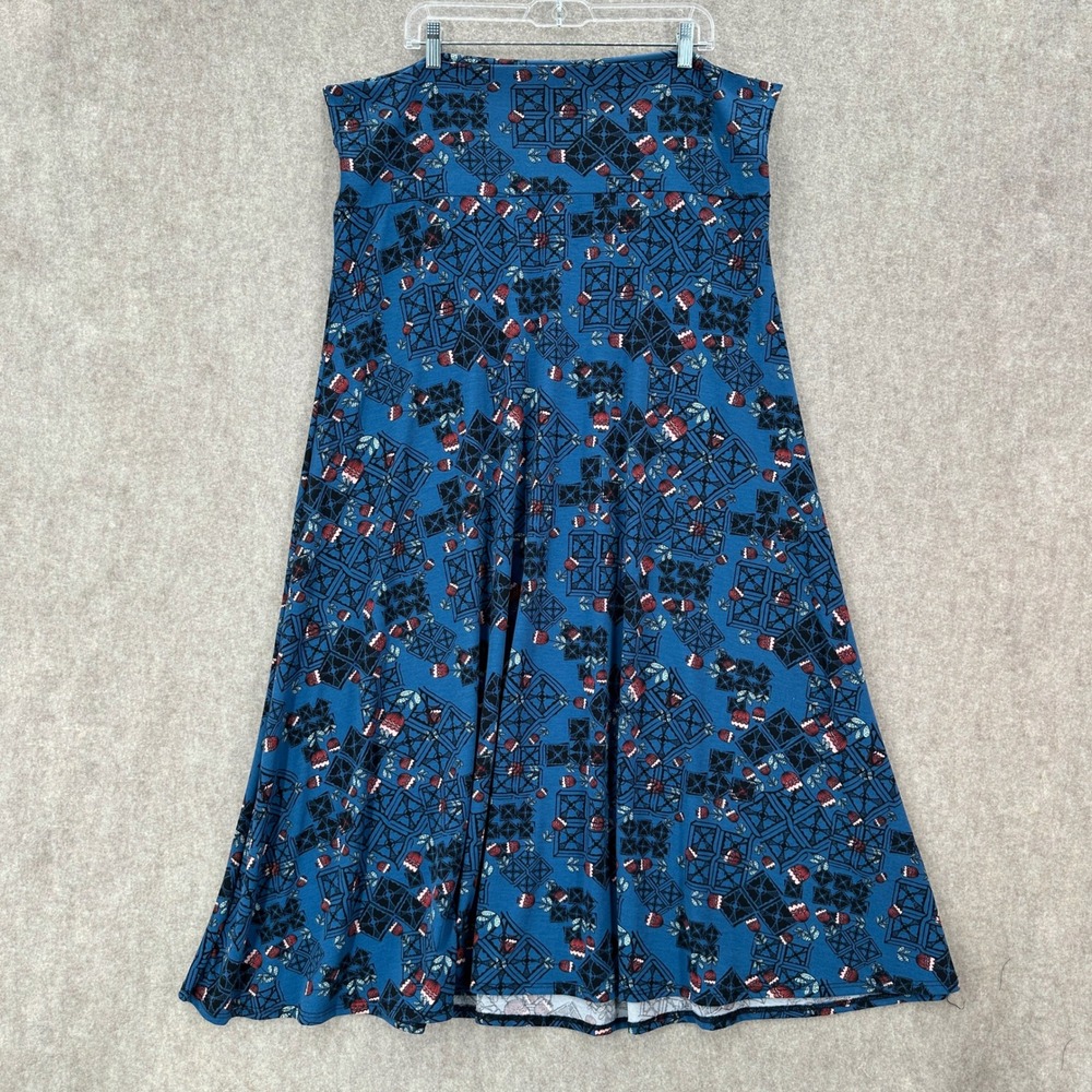 LuLaRoe‎ Maxi Skirt 3XL Blue Floral Geometric Pattern Elastic Waist
